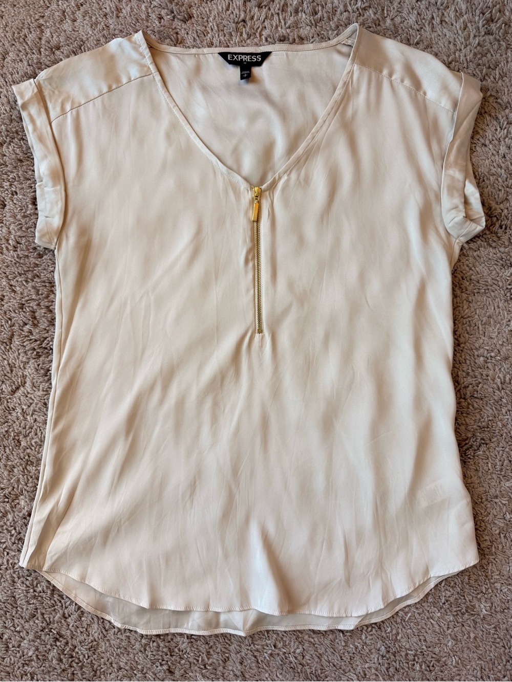 Express Cream Gold Zip V-Neck Cap Sleeve Blouse